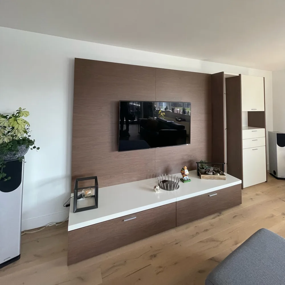 TV unit and wall panel wrapped in woodgrain