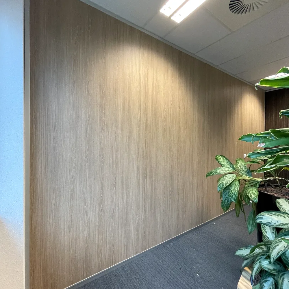 Office wall in a wood look, close up, with a plant in front