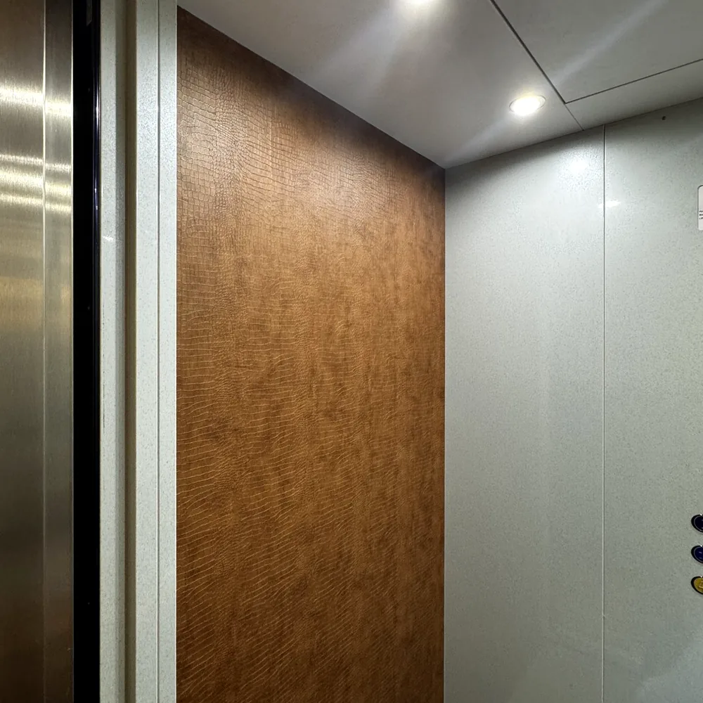 Side wall of the lift in a brown leather look, next to grey walls