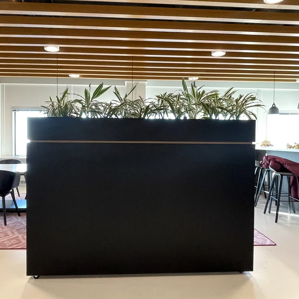 After: room divider with planter wrapped in matt black