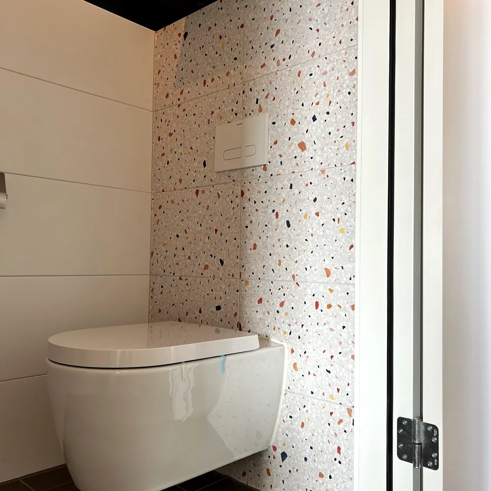Washroom in a terrazzo look with a wall-hung toilet