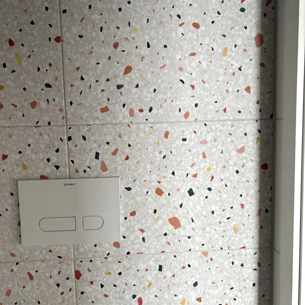 Close-up of the terrazzo look around the flush plate