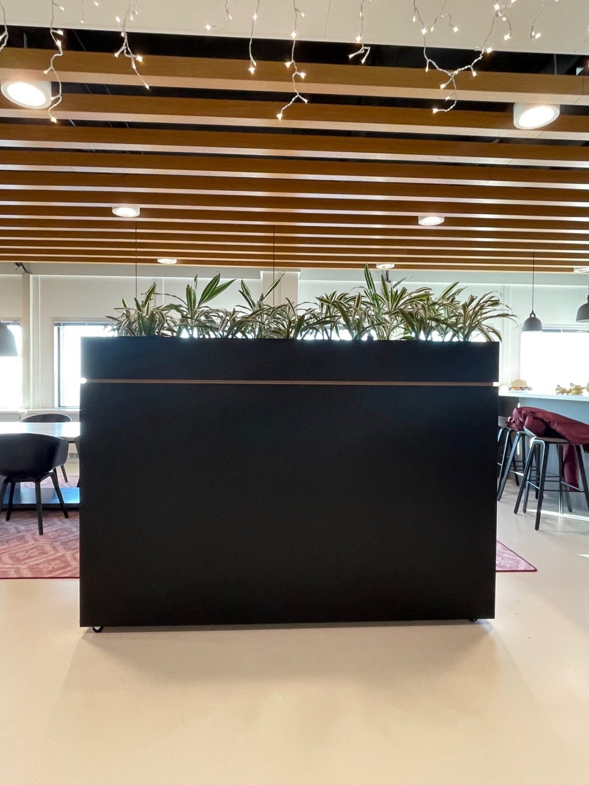Office with a black wrapped unit and planter