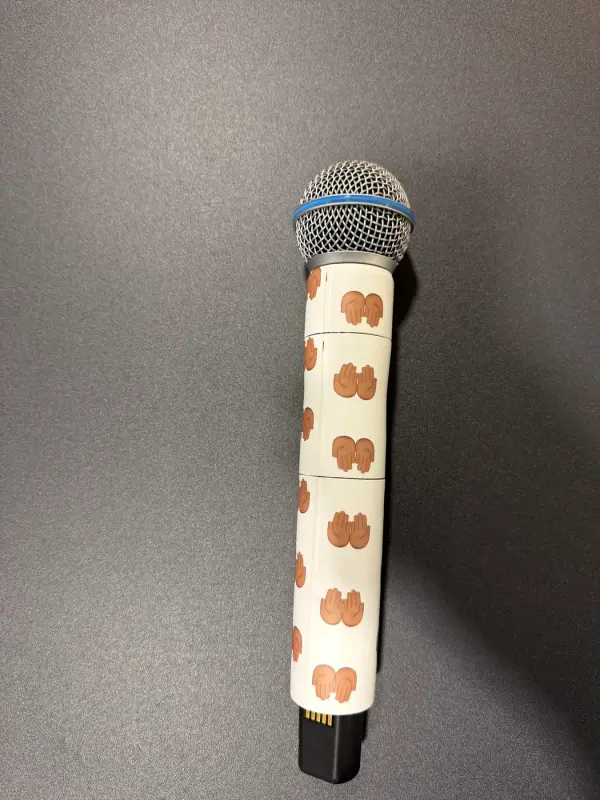 Microphone in a white custom print, slightly angled