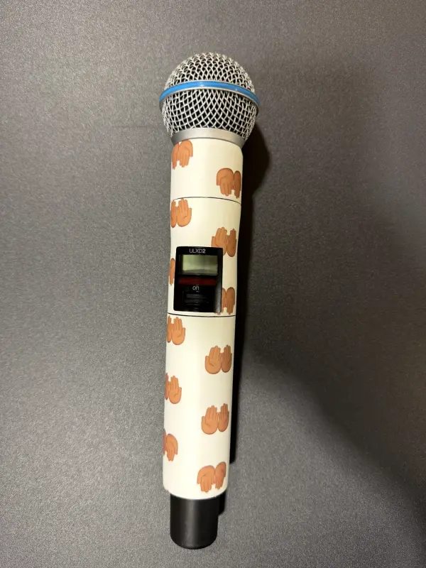Microphone in a white custom print, close up