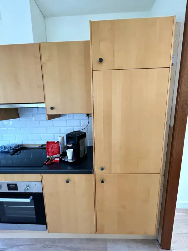Before: tall cabinet and hob with wood fronts