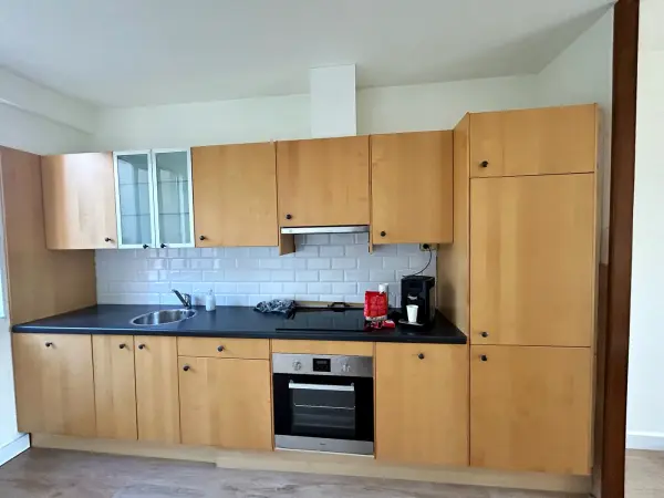 Before: kitchen wall with wood fronts
