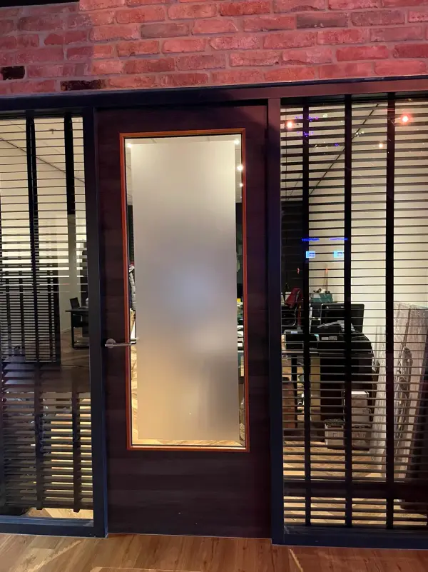 After: office door with matt privacy film on the glass