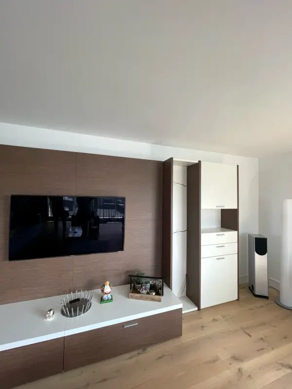 Living room with a woodgrain TV wall