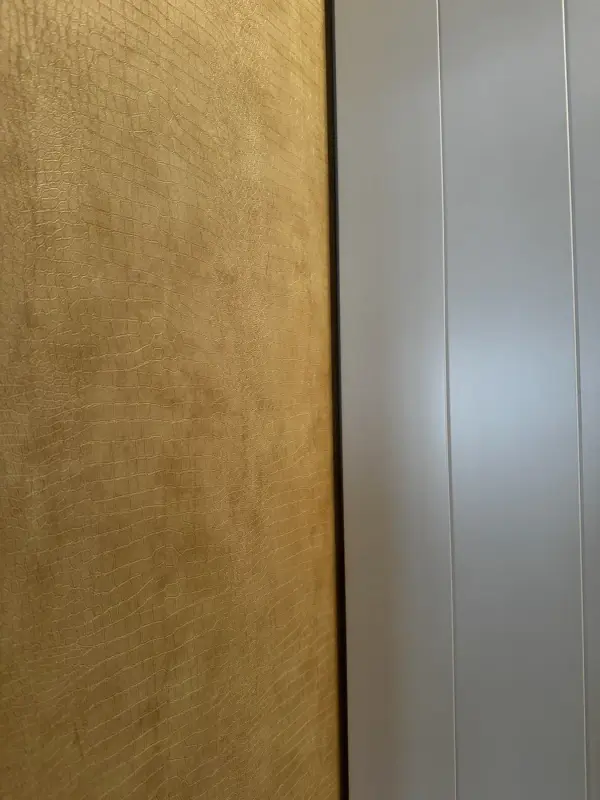 Close-up of the beige leather look with a gold sheen next to a white door