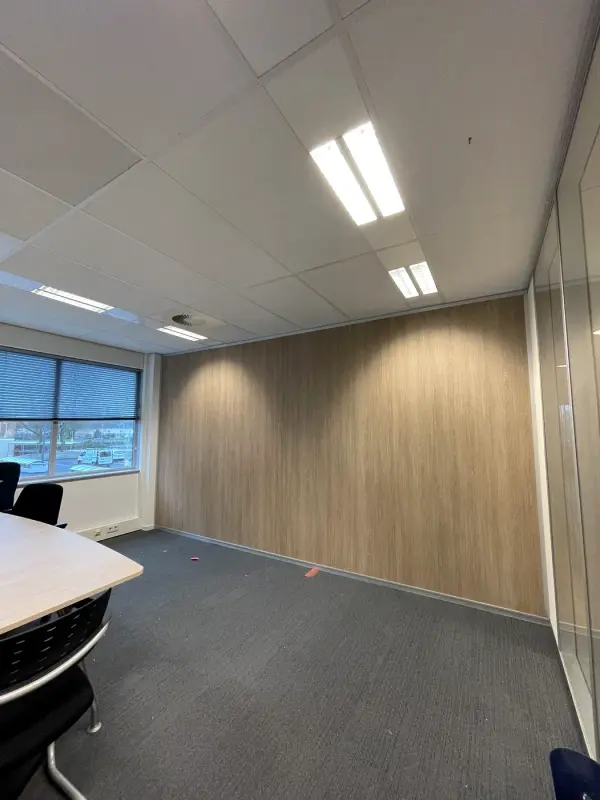 Office with a long wood-look wall and windows on the left
