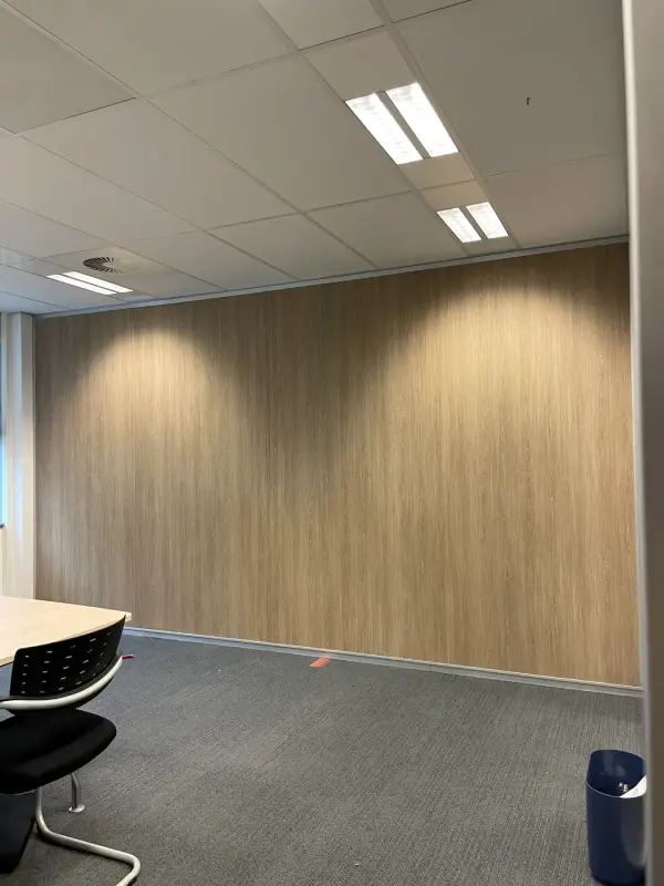 Office wall in a wood look above grey carpet