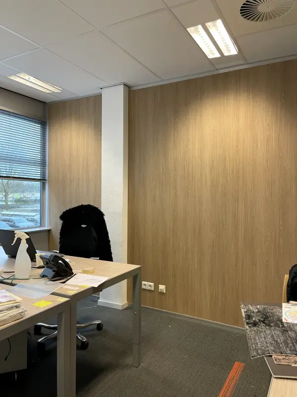Corner of an office with a wood-look wall