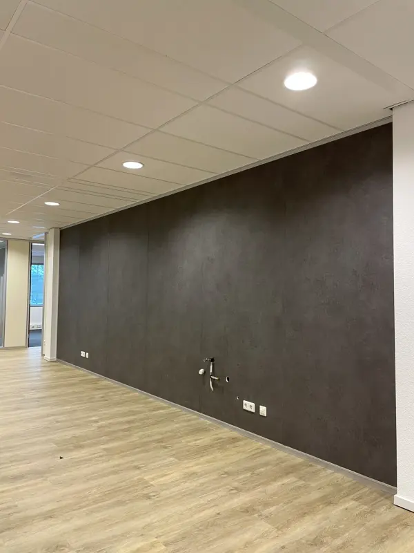 Corridor with a dark door and a wood-look wall